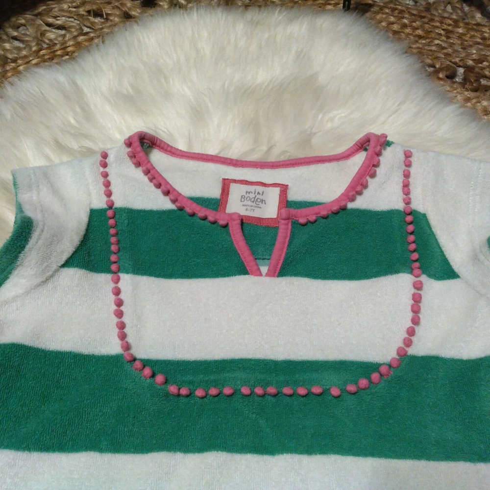 Mini Boden Green and White Striped Swim Coverup with Pink Trim - Picture 3 of 8